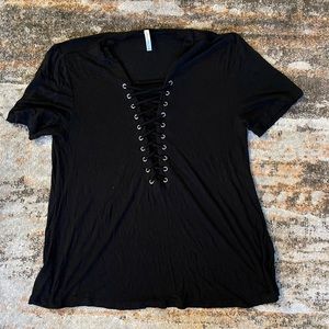 Black Lace Up V-neck Tee (Large)